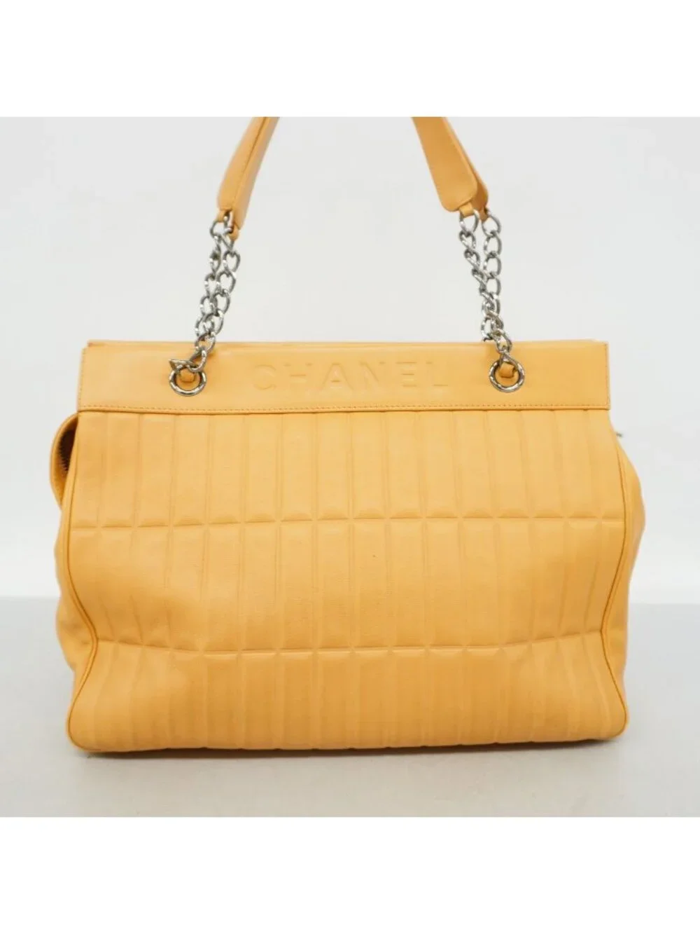 Chanel Chain Tote Bag Lambskin Beige Silver